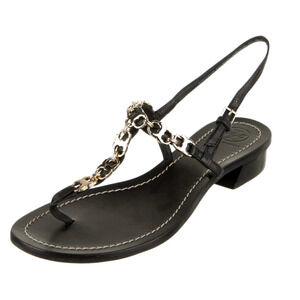 Tory Burch Gemini Link Black T-Strap Sandals  Y2K Block Heel Leather Resort Chic